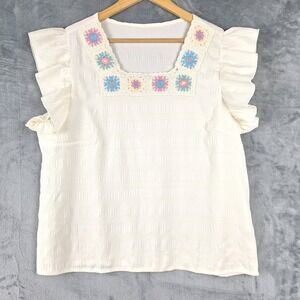 Womens Top XL Yellow Boho Chic Crochet Granny Square Peasant Cottage Festival